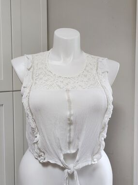 Xhilaration White Boho Lace Illusion Tie Front Crop Tank Top Large